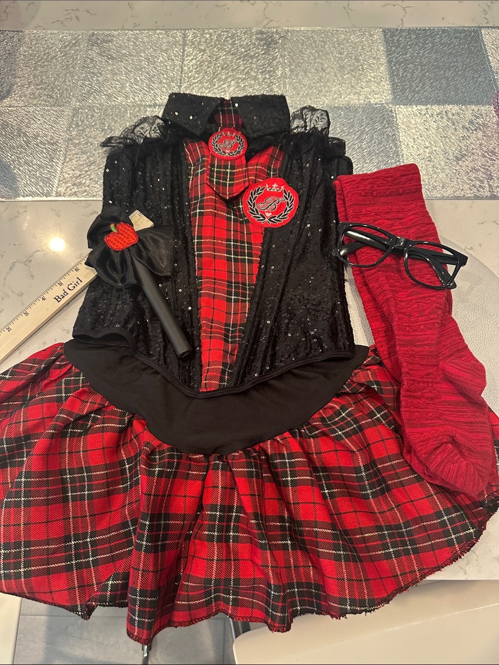Red Plaid & Black Sequin women Costume Dress with Accessories